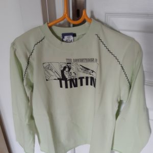 T-Shirt Tintin manche longue –  Garçon 4 ans – couleur vert d’eau – avec 3 cases de l’album du crabe aux pinces d’or – Moulinsart –