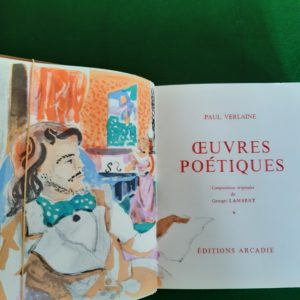 Oeuvres Poétiques en Deux volumes in-8 – Reliure cuir sous étuis – Paul Verlaine – Compositions originales de Georges Lambert – Éditions Arcadie 1977 –